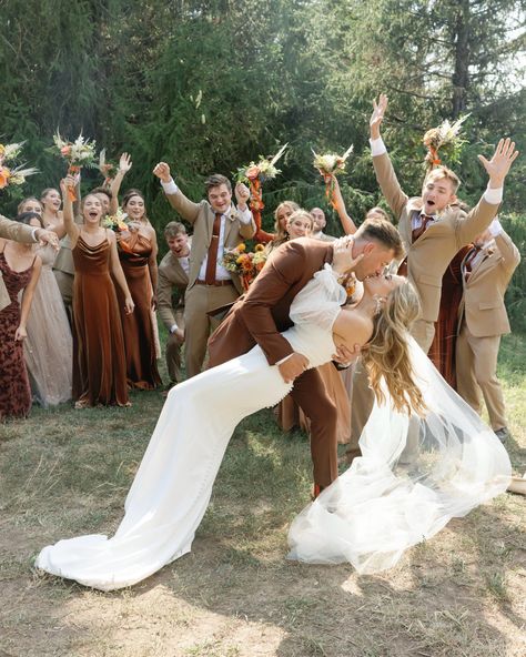 Terracotta sunset color bridesmaids, tan suits groomsmen, neutral boho bride Fall Boho Groomsmen Attire, Groom And Groomsmen Different Colors, Tan Groom And Groomsmen Attire, Tan Suits Wedding Party, Groomsmen Attire And Bridesmaids, Wedding Suits Groom Fall, Terracotta Wedding Theme Groomsmen, Fall Wedding Suit Colors, Groomsmen Attire Neutral