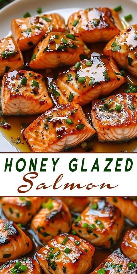 If you're looking for an easy and healthy dinner, try this Honey Glazed Salmon! 🐟🍯 The perfect balance of sweet and savory, this dish is full of flavor and incredibly simple to make. With just a few ingredients and less than 30 minutes, you can have a delicious dinner that’s light yet filling. #EasyDinner #HealthySalmonRecipe #HoneyGlazedSalmon #QuickMeal #SalmonLovers #HealthyCooking #SeafoodDinner Salmon Garlic Honey, Salmon Recipes Baked Soy Sauce, Honey Sesame Salmon, Honey Glazed Salmon Recipes Baked, Honey Soy Salmon Bowl Recipe, Balsamic Salmon Marinade, Crispy Honey Orange Glazed Salmon, Honey Pepper Salmon, Honey Dill Salmon