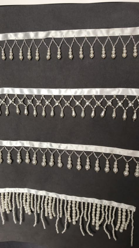 Latkan Lace Design, Beaded Fringe Patterns, Diy Beaded Fringe Trim, Bead Fringe Dress, Embroidery With Beads On Clothes, Edge Beading, Beaded Fringe Trim, Beaded Edging, Pearl Fringe