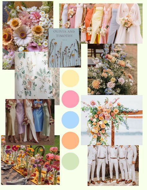 Garden Party Wedding Reception Food, Wildflower Wedding Color Pallet, Falling For Spring Wedding, Wedding Mood Board Ideas Summer, Whimsical Garden Wedding Color Palette, Fun Wedding Color Schemes, Spring Mexican Wedding, Midsummer Wedding Theme, Colorful Wedding Color Schemes