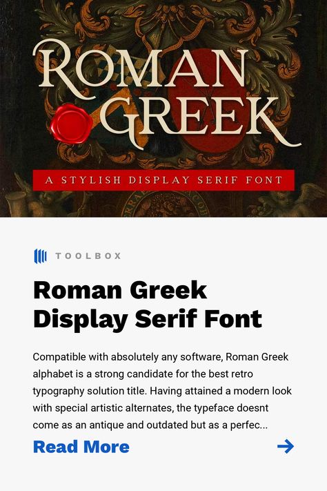 Compatible with absolutely any software, Roman Greek alphabet is a strong candidate for the best retro typography solution title. Having attained a modern look with special artistic alternates, the typeface doesnt come as an antique and outdated but as a perfectly preserved ancient relic! Roman Greek is an elegant and distinct serif font, suitable for a wide variety of designs due to its neat and simple style, this font has the potential to become your favorite go-to font, no matter the occa... Roman Font Alphabet, Roman Typography, Bold Fonts Free, Greek Font, Free Commercial Fonts, Roman Fonts, Greek Alphabet, Free Script Fonts, Font Combinations