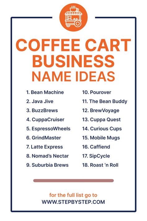 Perk up your brand with these catchy and inviting coffee cart business name ideas! Perfect for attracting coffee lovers on the go. Coffee Names Ideas, Coffee Cart Business, Ideas Name, Coffee Names, Business Name Ideas, Coffee Cart, Catchy Names, Names Ideas, Creative Coffee