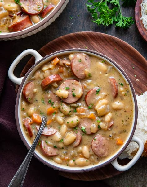 White Bean Kielbasa Spinach Soup, Creamy Kielbasa Bean Soup, White Bean Kielbasa Soup, Family Of 5 Meals, White Beans Sausage, Kielbasa White Bean Soup, Soup With Navy Beans, Split Pea Soup With Kielbasa, Kabasa Sausage Cabbage Soup