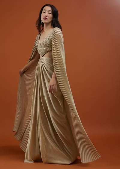 Cocktail Dress For Bride, Royal Cape, Dhoti Skirt, Hanging Sleeves, Brown Gown, Wedding Cocktail Dress, Embroidered Bustier, Sangeet Outfit, Dresses Indian Wedding