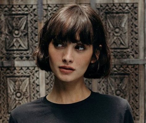 Dark Academia Bob Hair, Bangs With Chin Length Hair, Sharp Bob Hairstyles, Fringe And Short Hair, Short Hair Bangs Square Face, Short Bob And Fringe, French Bob With Bangs Straight Hair, Short French Bangs, Short 70s Hair Bob Haircuts