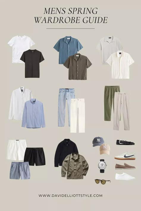 Men's Spring Wardrobe Guide for Spring and Summer!     Mens Spring Style - Mens Spring Fashion - Johnny Collar Polo - Mens Sweater Polo - Adidas Kill Shot - Linen Pants - Pull on Pants - Linen Shorts - Oxford Shirt - Camp Collar Shirt Outfit Ideas Summer For Men, Men’s Capsule Wardrobe Summer Europe, Men Summer Capsule, Calm Aesthetic Clothes, Closet Essentials Men, Mens Capsule Wardrobe Summer Travel, Men's Fashion Capsule Wardrobe, Summer Wardrobe Men, Summer Capsule Wardrobe Men