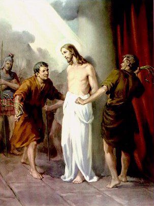 2nd Sorrowful Mystery - The Scourging at the Pillar  "They bound Jesus, led Him away, and handed Him over to Pilate.  Pilate, wishing to satisfy the crowd, released Barabbas to them and, after he had Jesus scourged, handed him over to be crucified. " (Mark 15:1-15) Holy Rosary Prayer, Rosary Meditations, Sorrowful Mysteries, Rosary Novena, Rosary Mysteries, Sign Of The Cross, Rosary Prayer, Holy Rosary, Religious Images