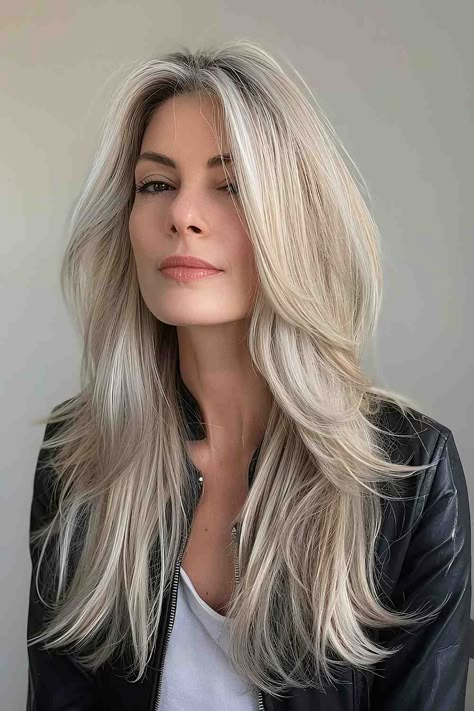 The Best Long Haircuts of 2024 Platinum Blonde Dimensional Hair, Realistic Blonde Hair, Blonde Layered Long Hair, White Face Framing Highlights, Long Hair Framing Face, Blonde Layered Hair With Curtain Bangs, Layered Blonde Hair Long, Blonde Hair With Face Framing Highlights, How To Cut Your Own Hair In Layers Long