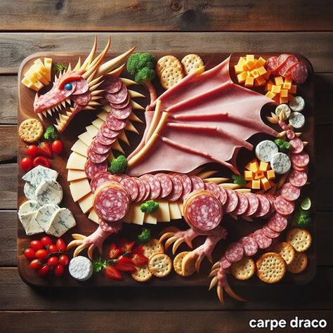 Linda Mooney's Other Worlds of Romance: Dragon Charcuterie Midevil Charcuterie Board, Penguin Charcuterie Board, Viking Charcuterie Board, Meat River Charcuterie, Game Of Thrones Charcuterie Board, Asian Food Charcuterie Board, Chinese Food Charcuterie Board, Dnd Appetizers, Dragon Appetizers