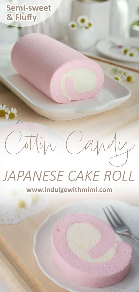 A beautiful fluffy pink cake roll on a long plate with some daisies in the back. Japanese Cake Roll, Swiss Cake Roll, Cotton Candy Cake, Desserts Japonais, Chiffon Cake Recipe, Swiss Cake, Cotton Candy Cakes, Japanese Cake, Cake Roll Recipes