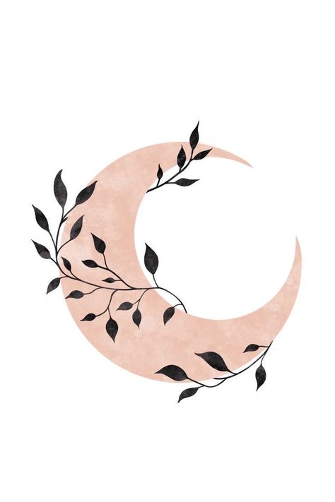 Crescent Moon Art Paintings, Boho Celestial Art, Cresent Moon Illustrations, Minimalist Moon Drawing, Crescent Moon Line Art, Floral Moon Design, Crescent Moon Drawing Simple, Moon With Flowers Drawing, Moon Art Simple