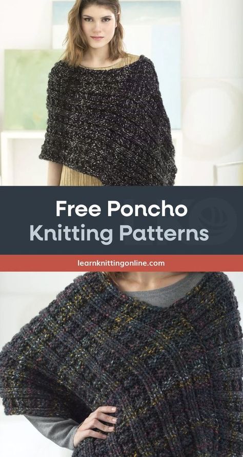 Make these three easy poncho knitting patterns, perfect for completing your effortless yet stylish daily fall outfits. These chic everyday knitwear are ideal knitting projects for beginner knitters and makes for a thoughtful handmade present to a lady near and dear. | More free knitting patterns and tutorials at learnknittingonline.com #knittingpatternsforbeginners #handmadegifts #fallknittingpatterns #easyknittingprojects Poncho Knitting Patterns Women, Knit Poncho Free Pattern, Free Poncho Patterns, Knitted Poncho Patterns Free Easy, Free Knit Poncho Pattern, Poncho Knitting Patterns Free, Knitted Poncho Patterns Free, Knitted Poncho Patterns, Knit Poncho Pattern