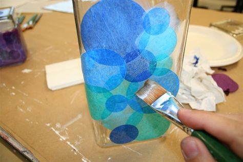 Create a faux stained glass look with Mod Podge tissue paper on glass. This is one of the easiest decoupage projects you'll ever do. Modge Podge Glass, Mod Podge Canvas, Mod Podge Glass, Mod Podge Ideas, Tissue Paper Art, Tissue Paper Crafts, Mod Podge Crafts, Decoupage Glass, Decoupage Tissue Paper