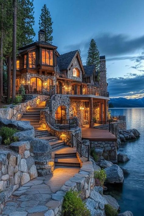 "🏞️🌅 Unwind with a lakeside getaway at Lake Tahoe, USA! Enjoy crystal-clear waters, outdoor adventures, and breathtaking views. 🚤🌲 #LakeTahoe #LakesideRetreat #NatureLovers" Houses Near Lake, Lake Tahoe House, Lake Tahoe Houses, House Near Lake, Dock Ideas, Lake Dock, Lake Travis, Lake Living, Luxury Cabin