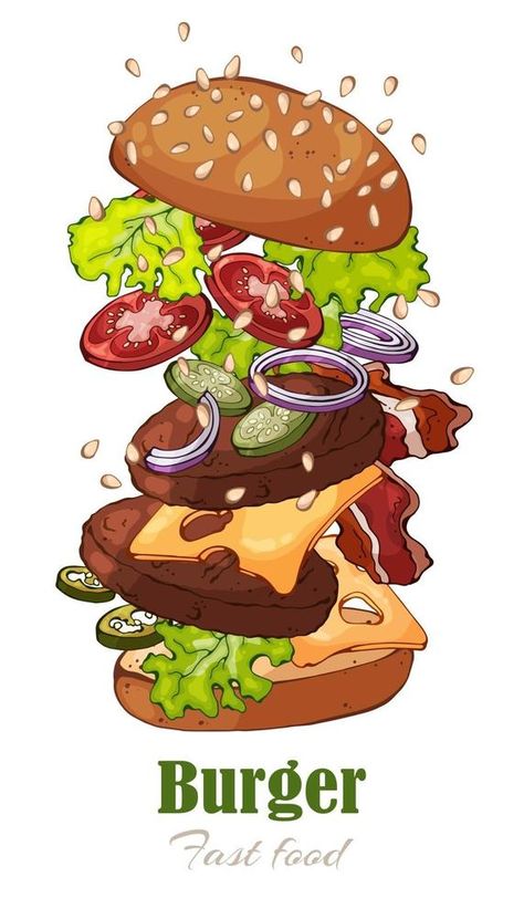 Illustrations on the fast food theme burger Burger Drawing, Pick Nick, Burger Vector, Food Illustration Design, Burger Food, Food Illustration Art, Food Advertising, Food Graphic Design, Cute Food Drawings