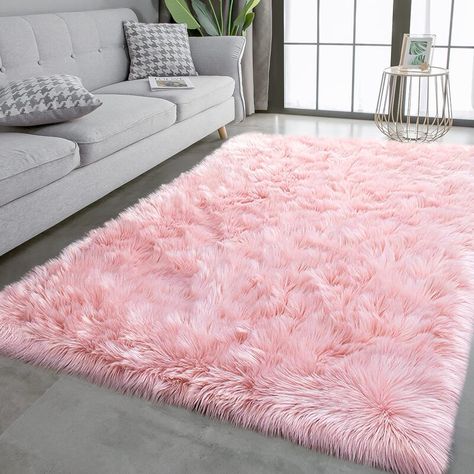 Everly Quinn Ranyah Performance Pink Rug & Reviews | Wayfair Rug For Dorm, Fuzzy Rug, Pink Dorm, Girly Apartments, Girly Apartment Decor, Pink Room Decor, Shag Carpet, Faux Fur Rug, Fur Rug