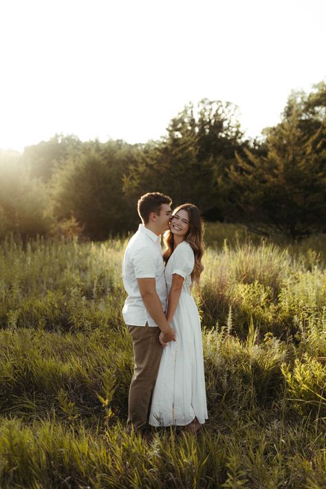 Twirl Engagement Photo, Engagement Field Pictures, Proposal Session Photo Ideas, Dressy Casual Engagement Photos, Couples Photoshoot Greenery, Engagement Photos Flagstaff, Outdoor Field Engagement Pictures, Engagement Photos With Dress, Golden Hour Field Engagement Photos