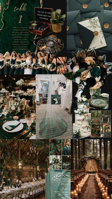 Forest Moody Wedding, Fall Forest Green Wedding, Forest Green Winter Wedding Theme, Wedding Colors Dark Green Colour Schemes, Wedding Forest Green Theme, Dark Blue And Emerald Green Wedding, Wedding Color Emerald Green, Dark Earthy Wedding Theme, Dark Green And Black Wedding Decor