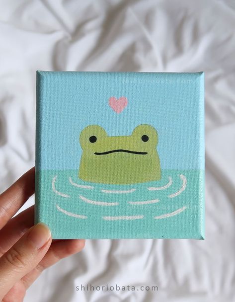 What To Draw With A Pen, Frog Cute Painting, Very Easy Canvas Paintings, Simple And Cute Painting Ideas, Cute Things To Paint On Mini Canvas, Easy Drawings And Paintings, Diy Painting Gifts, Mini Canvas Painting Ideas Easy, Mini Canvas Easy Painting