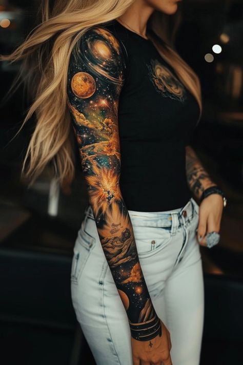 Galaxy Themed Tattoo Sleeve, Womens Realistic Sleeve Tattoo, Space Rib Tattoo, Galaxy Arm Sleeve Tattoo, Nebula Tattoo Galaxies, Covered In Tattoos Women, Book Space Tattoo, Tattoo Ideas Female Space, Shoulder Arm Sleeve Tattoos For Women