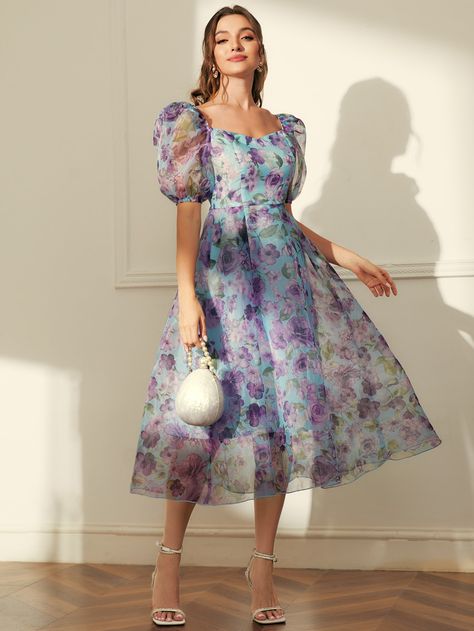 SHEIN Modely Allover Floral Print Puff Sleeve Dress | SHEIN USA Organza Frocks, Maxi Dress Ideas, Floral Organza Dress, Seek First His Kingdom, Spring Wedding Guest Dresses, Organza Dresses, Floral Frocks, Queen Esther, Frock Designs