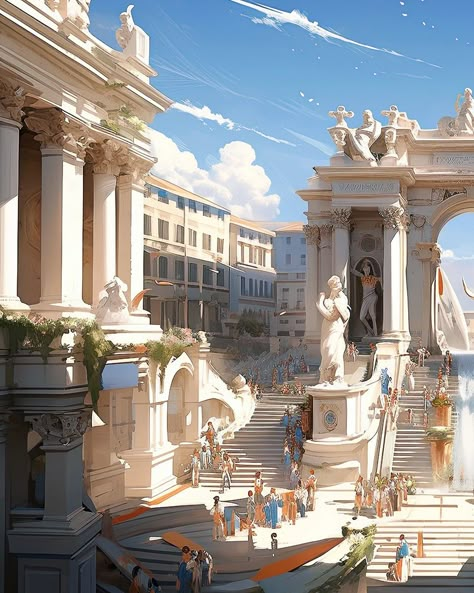 Greek Architecture Fantasy Art, Greek City Fantasy Art, Fantasy Marble City, White City Fantasy Art, Greek Palace Concept Art, Ancient Greek City Fantasy Art, Ancient Greek Fantasy Art, Greek City Concept Art, Greek City Art