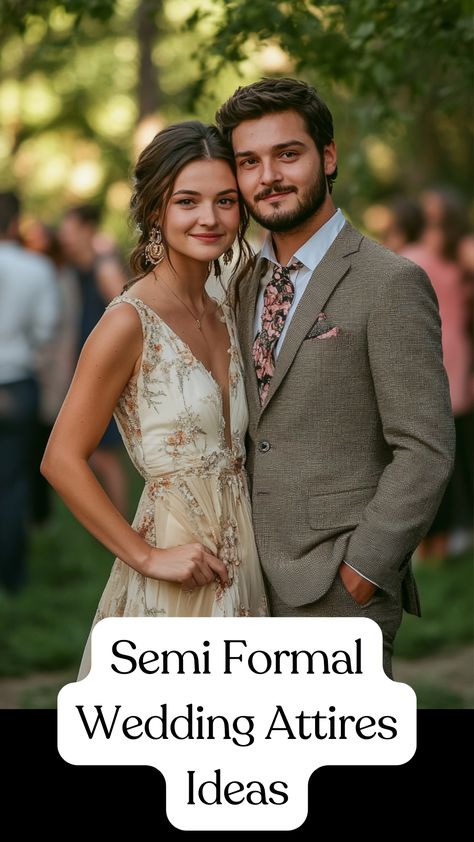 A couple dressed in semi-formal wedding attire, with the woman wearing a chic dress and the man in a dapper suit, posing elegantly at an outdoor wedding celebration. Semi Formal Wedding Attire For Guest Women, Formal Vs Semi Formal Attire, Semi Formal Outfits For Men Wedding, Semi Formal Skirt Outfit, Semi Formal Wedding Attire For Guest, Semi Formal Outfits For Women Wedding, Wedding Attire Guide, Semi Formal Dress Code, Clothes Over 50