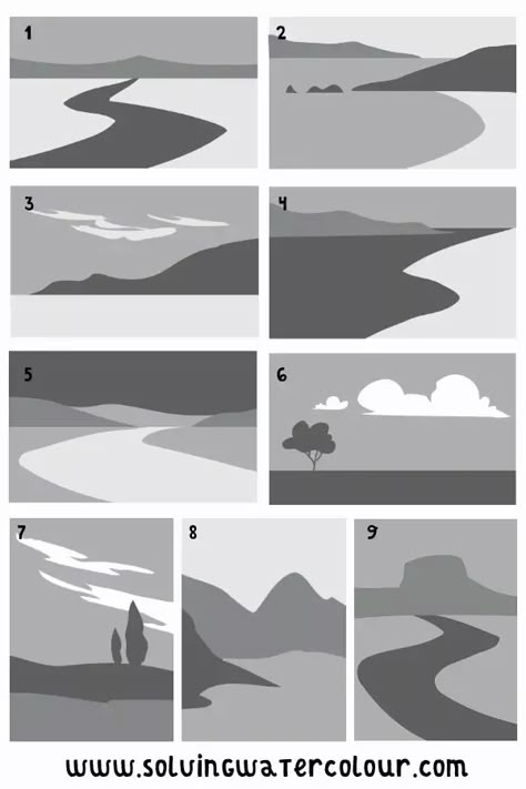 Simple Background Art Ideas, Landscape Thumbnail Sketches, How To Sketch Landscapes Step By Step, How To Draw A Landscape Step By Step, Notan Landscape, How To Color Backgrounds, Simple Landscape Reference, Art How To, Simple Background Painting