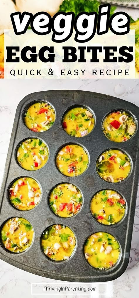 Looking for an easy and healthy breakfast recipe? Try these baked veggie egg bites made in mini muffin tins packed with nutrients that fit your diet! This veggie egg bites muffin tins recipe is perfect for those looking for quick and easy breakfast or even low carb snacks. The best part? You can make a big batch of this homemade veggie egg bites recipe and store in the freezer for later, making it a convenient option for those busy mornings, perfect for busy moms. Easy recipes for busy moms. Egg Bites With Veggies, Egg Bites Muffin Tins Recipe, Egg Bites Veggie, Egg Muffin Bites, Egg Bites No Cottage Cheese, Easy Egg Bites Muffin Tins, Freezer Egg Bites, Bell Pepper Egg Bites, Healthy Egg Bites Muffin Tins