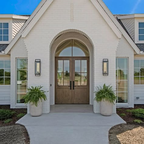 Front door - archway and glass over double door Arch Windows Front Of House, Curved Front Door Entrance, Front Door Half Window, Front Door Archway, Arched Double Doors Entrance, Rounded Double Front Door, Arched Glass Front Door, Double Arched Front Door, Arched Wood Front Door