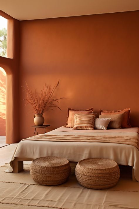 A serene bedroom with walls bathed in terracotta, complemented by a white ceiling. The room features a platform bed with terracotta and white linens, a bamboo nightstand, and a terracotta ceramic vase. A terracotta and beige woven wall hanging and a matching ottoman complete the Zen atmosphere. Bedroom Paint Terracotta, Diy Boho Interior, Terracotta Theme Bedroom, Clay Bedroom Walls, Modern Orange Bedroom, Terracotta Room Aesthetic, Dessert Interior Design, Terracotta Bedroom Aesthetic, Dusty Orange Bedroom