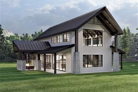 Explore the elegance of this 3-bedroom modern barndominium under 2000 sq ft. Ideal for those who love sleek design and efficient space. Barndominium With Loft, Airplane Hanger, Hanger House, Barn Plan, Modern Barndominium, Metal Roofs, Barndominium Plans, Pretty Houses, Vertical Siding