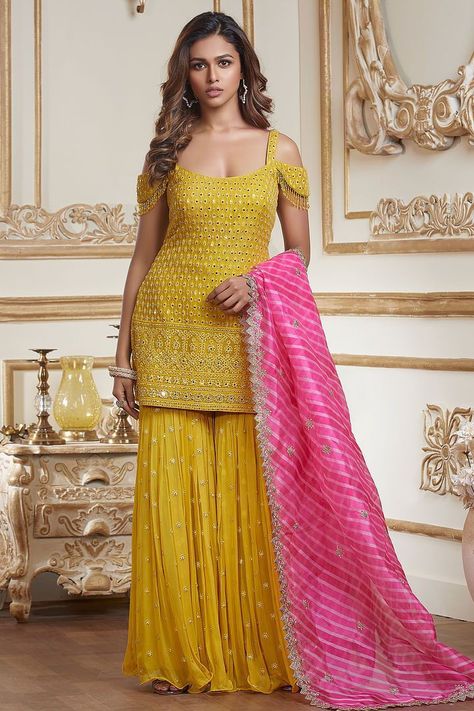 Yellow sharara garara suit design||latest sharara design||New garara suit design|| Yellow Sarara Dress Indian Weddings, Sarara Dress Indian Weddings, Kurti Back Designs, Crop Top With Palazzo, Haldi Outfit For Bride, Sharara Design, Garara Dress, Sarara Dress, Suits Design Latest