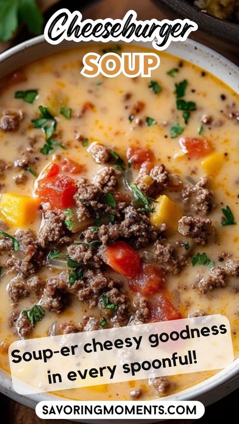 Looking for the ultimate comfort food? This creamy, cheesy Cheeseburger Soup combines all the flavors of a classic burger in a cozy, delicious bowl! Ground beef, cheddar cheese, and potatoes make this soup a must-try for any soup lover. Save this quick and easy recipe for busy days #cheeseburgersoup #comfortfood #easyrecipe #souplover #cheesysoup #groundbeefrecipes #quickdinner #weeknightdinner #heartymeals #fallrecipes Loaded Cheeseburger Soup, Cheese Burger Soup With Velveeta, Creamy Cheeseburger Soup, Cheese Burger Soup, Cheeseburger Soup Crockpot, Burger Soup, Cheeseburger Soup Recipe, Burger Ingredients, Bacon Cheeseburger Soup