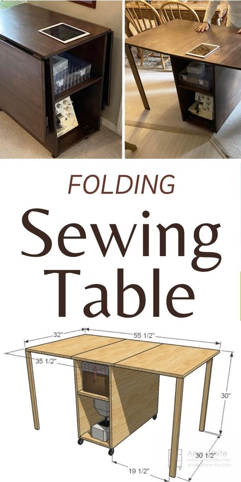 Folding Sewing Table, Diy Sewing Table, Craft Table Diy, Project Table, Sewing Room Design, Sewing Space, Woodworking Plan, Sewing Rooms, Diy Furniture Table