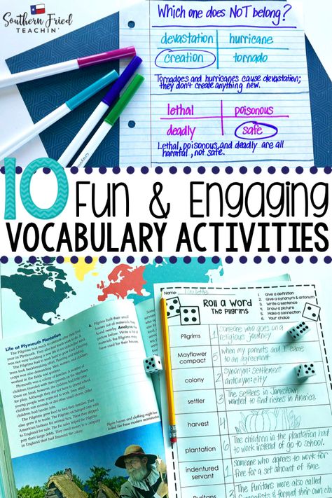 10 Fun & Engaging Vocabulary Activities - Southern Fried Teachin' Vocabulary Activities Middle School, Vocabulary Stations, Teach Spelling, Vocabulary Ideas, Vocab Activities, Vocabulary Notebook, Literacy Coach, Vocabulary Strategies, Reading Tutoring