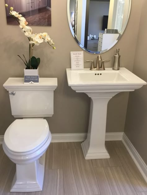 Classic Pedestal Sink Bathroom, Bathroom Sink Pedestal Ideas, Powder Room Mirror Pedestal Sink, Pedastool Sink Bathroom Mirror, Half Bathroom Decor Ideas Pedestal Sink, Small Half Bathroom Ideas Luxe, Sink Ideas For Small Bathrooms, Powder Room Toilet Next To Sink, Guest Bathroom Ideas Pedestal Sink