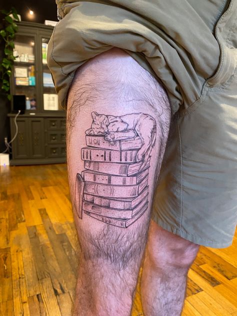 Cat On Stack Of Books Tattoo, Cat On Books Tattoo, Bookcase Tattoo, Cat Book Tattoo, Stack Of Books Tattoo, Librarian Tattoo, Open Book Tattoo, Cat Napping, Literary Tattoos