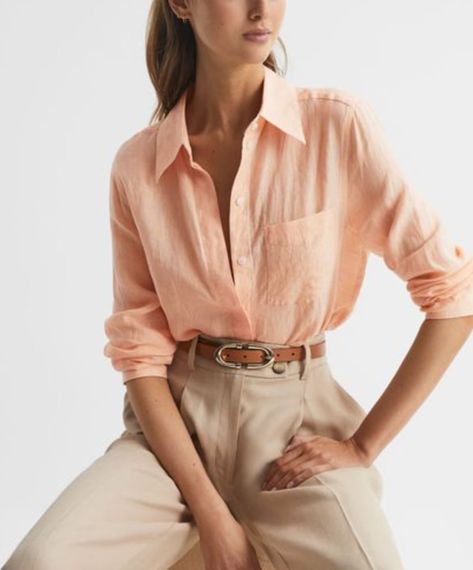 peach fuzz linen shirt Orange Shirts Women, Linen Shirt Style Women, Coral Color Outfits, Peach Color Clothes, Peach Shirt Outfit For Women, Orange Linen Shirt Outfit, Peach Trousers Outfits, Peach Outfits For Women, Pastel Orange Outfit