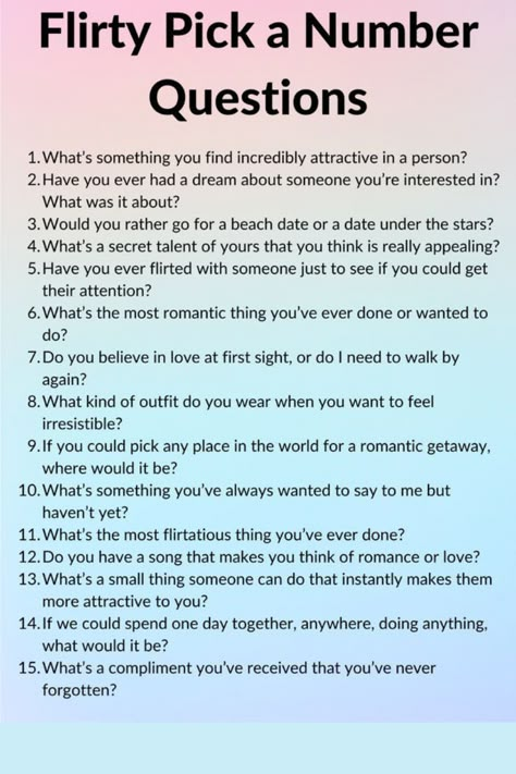 15 flirty pick a number questions Questions To Ask Strangers, Number Game Questions, Pick A Number Game Questions, Pick A Number Questions, Fun Relationship Questions, Number Questions, Get To Know Your Partner, Flirty Questions To Ask, Intimate Questions For Couples