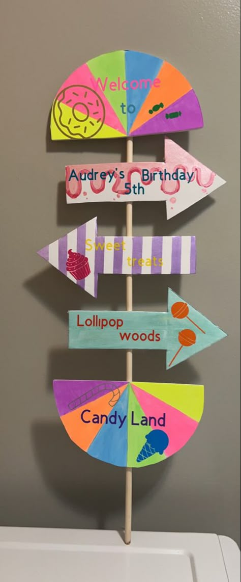 Candy Decorations Diy Birthday Parties, Candy Theme Crafts, Candyland Birthday Party Games, Candyland Birthday Party Food, Candy Land Birthday Party Ideas Diy, Candyland Diy Decorations, Candy Land Centerpiece Ideas, Candy Land Theme Decorations, Candy Land Sign