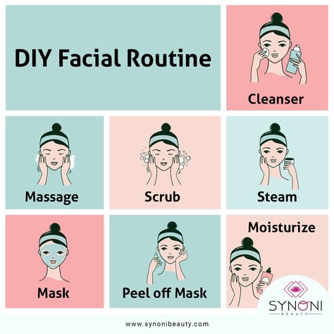 Beat the effects of heat on your skin with this DIY facial routine:   Start off by applying deep action facial cleanser  Massage scrub on your face and exfoliate gently  Take boiling water and place it below your face for steam  Apply clay mask for 5 minutes to remove excess oil  Apply peeling mask, peel it off when dry  Apply a moisturizing mask to maintain PH balance  #skincare #wakeupandmakeup #makeupdolls #mua #hudabeauty How To Apply Scrub On Face, Skin Care Routine With Steamer, How To Scrub Face Step By Step, Face Scrub Routine, What To Apply First Skincare, When To Apply Face Mask, Face Facial Step By Step, How To Apply Cleanser, When To Steam Your Face