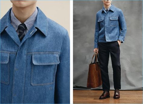 Denim goes smart with Berluti's slim-fit stretch linen and cotton-blend denim jacket $2,200. Here, the jacket complements an Ermenegildo Zegna slim-fit button-down gingham cotton and linen-blend shirt $375 and garment-dyed stretch cotton trousers $395. The model also wears Brunello Cucinelli Cordovan leather derby shoes $2,495 with a Thom Sweeney striped tie, a Bremont Oracle Team USA Regatta chronograph 43mm titanium and rubber watch $6,895, and Tom Ford North West leather-trimmed suede tote ba Mens Fasion, 2016 Fashion Trends, Junior Fashion, Mens Fashion Inspiration, Cotton Trousers, Latest Mens Fashion, Ermenegildo Zegna, Dress Sewing, Striped Tie