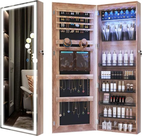 It is not only a jewelry cabinet organizer, but also a full length mirror, which offers you a head-to-toe view of your outfit! The mirror's full screen design is very stylish and elegant, supports you to wear jewelry or check your makeup look before you go out. The mirror is controlled by a circular touch button on the screen, touch the switch to turn on the light, long press to adjust brightness. The LED strip will meet all your needs and become the brightest light source in your bedroom. Full Length Mirror With Lights, Long Mirror, Mirror Jewelry Storage, Mirror Jewellery Cabinet, Lockable Storage, Hanging Cabinet, Jewelry Organizer Storage, Body Mirror, Jewelry Mirror