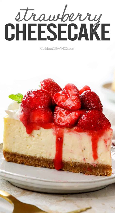 Strawberry Cheesecake Cheesecakes Recipes, Cheesecake Strawberry, Strawberry Cheesecake Recipe, Carlsbad Cravings, Berry Cheesecake, Strawberry Topping, Decorating Videos, Cheesecake Recipe, Strawberry Cheesecake