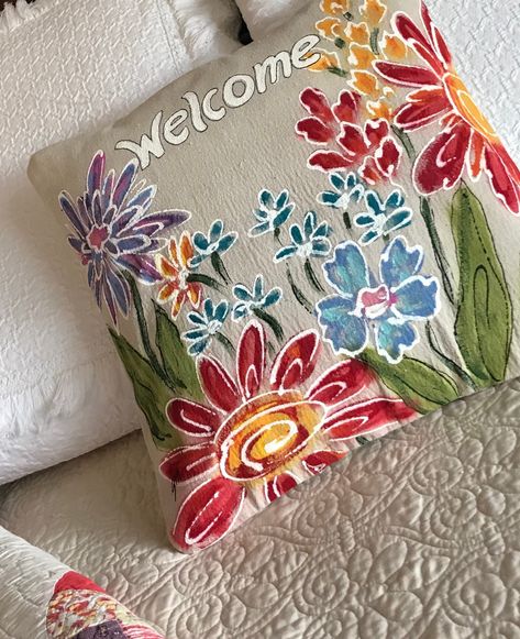 Colorful Flower Pillow, Hand-painted, Garden Pillow, Sage, Golds, Purple, Reds,  Spring and Summer Flower,  Pillow Cover, No. FLW01 by SippingIcedTea on Etsy https://www.etsy.com/ca/listing/453264656/colorful-flower-pillow-hand-painted Hand Paint Cushion Cover, Hand Painted Cushions, Hand Painted Pillow Covers, Paint Embroidery, Painted Pillows, Hand Painted Clothes, Homemade Rugs, Hand Painted Pillows, Decor Cushions