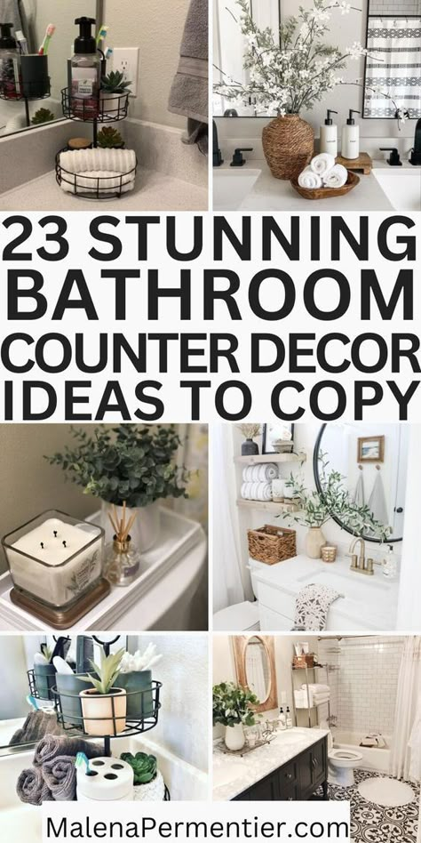 The bathroom counter is so important for how your overall bathroom looks! this post shows you 23 simple and beautiful bathroom counter decor ideas you can easily recreate. These ideas make your bathroom look organized and cute at the same time. Bathroom Counter Ideas, Bathroom Staging, Counter Decor Ideas, Bathroom Counter Decor Ideas, Bathroom Counter Decor, Bathroom Sink Decor, Bathroom Vanity Decor, Sink Decor, Guest Bathroom Decor