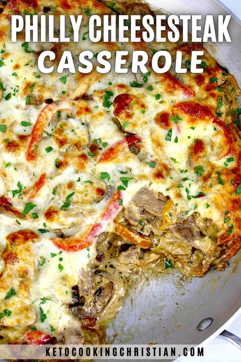 Keto Low Carb Philly Cheese Steak Casserole, Philly Cheese Steak Buns, Philly Cheese Beef Skillet, Cheesesteak Casserole Recipes, Steak And Cheese Skillet, Baked Casserole Recipes Healthy, Dinner Recipes Using Steak, Keto Cheesesteak Casserole, Philly Steak Meat Recipes