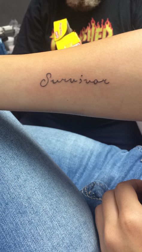 Small survivor tattoo | Survivor tattoo, Matching bff tattoos, Matching  friend tattoos The Word Survivor Tattoo, Tattoos About Survival, Orphan Tattoo Ideas, I Am A Survivor Tattoo, Tattoo Ideas For Surviving, Attempted Survivor Tattoo, Tattoos About Surviving, Dv Tattoo Ideas, Surviving Tattoos