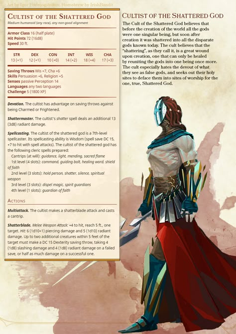 ImaginaryStatblocks | Cultist of the Shattered God Dnd Cultist Stats, Dnd God Stats, Dnd Cultist, Dnd Stat Blocks, Dnd Enemies, Homebrew Monsters, 5e Monsters, Dnd Stats, Dnd Monster